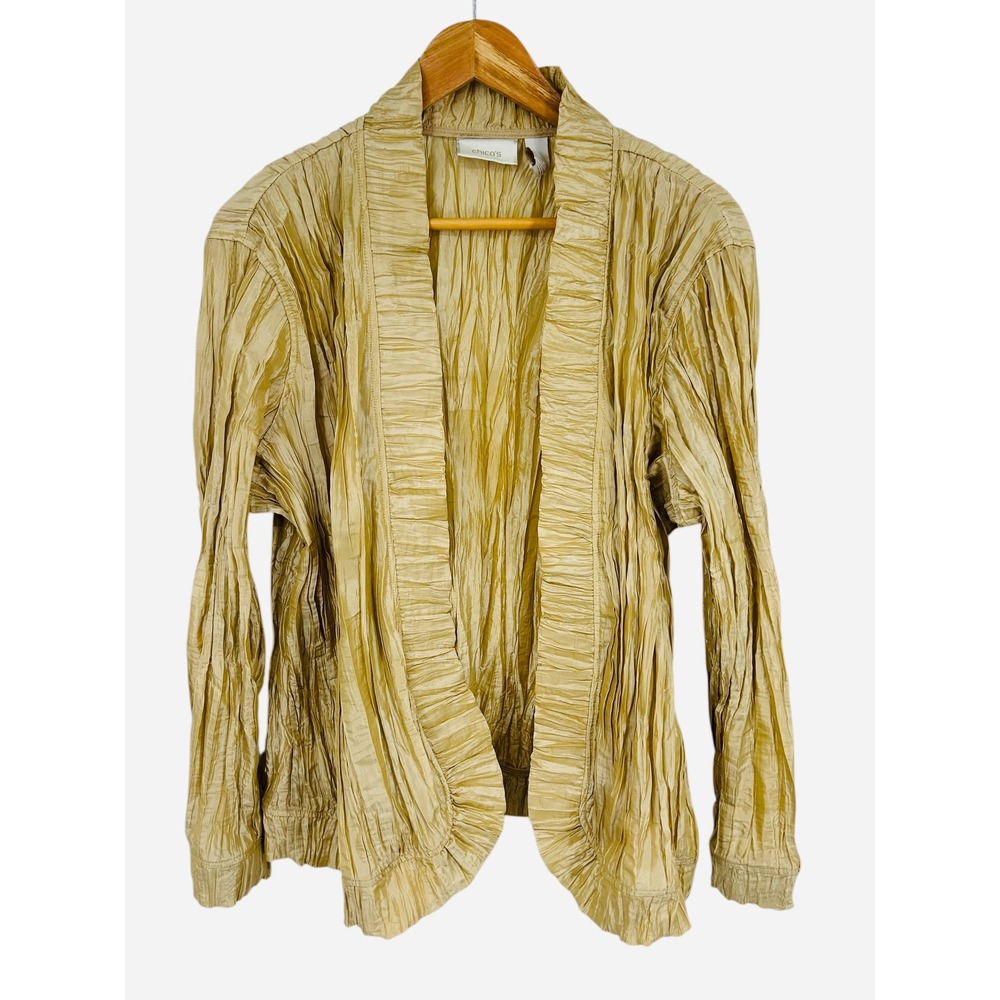 Chicos 3 XL Beige Textured Crinkle Open Front Long Sleeve Cardigan Top